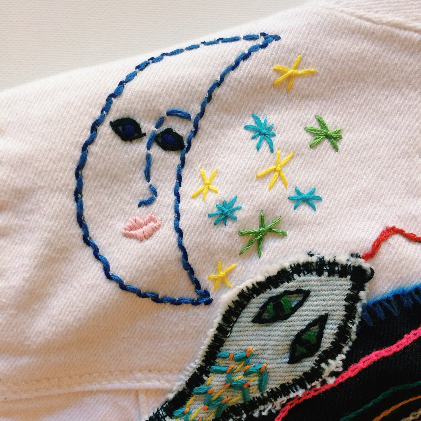 As Above, So Below Embroidered White Denim Jacket
