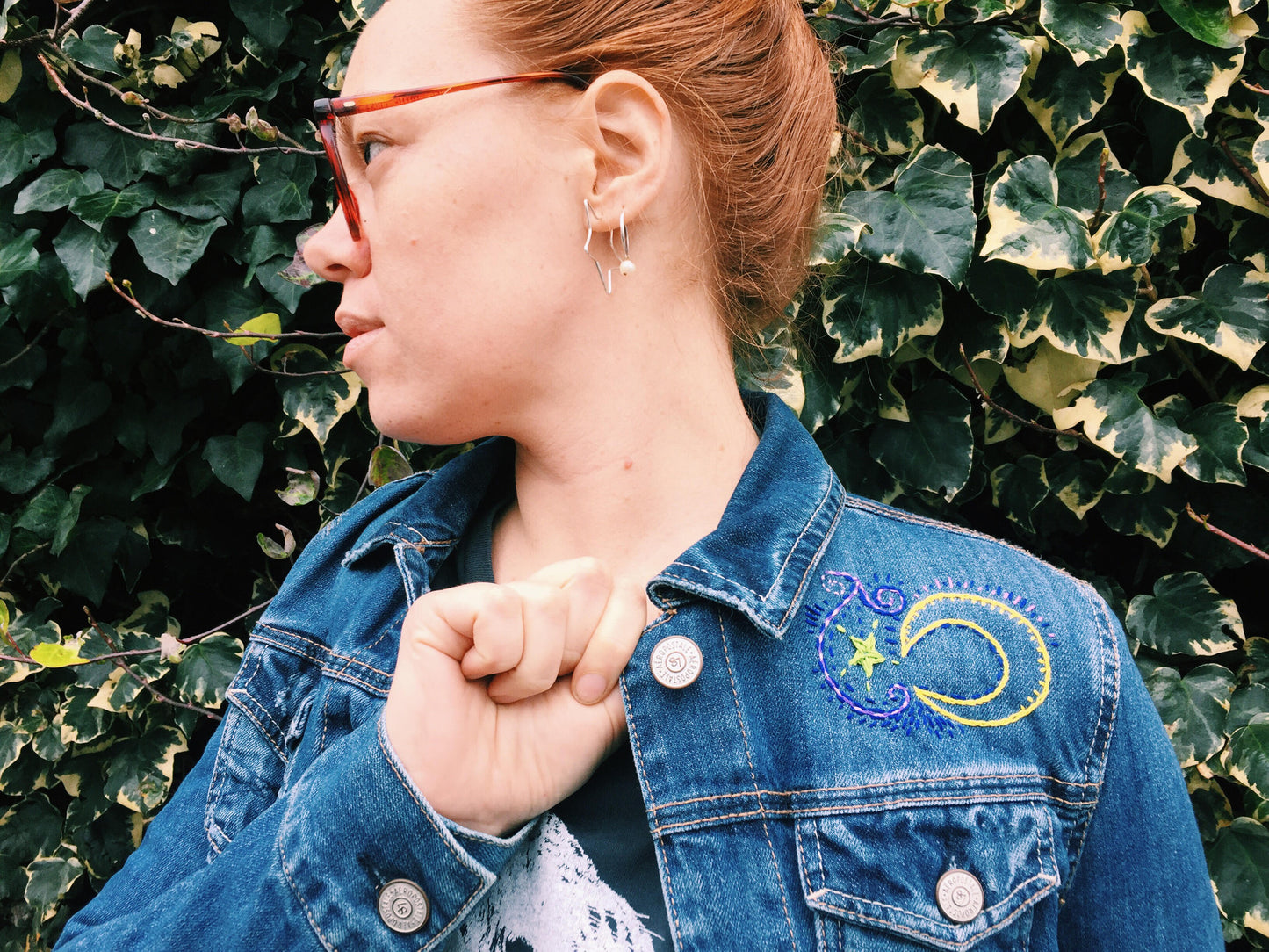 PISCES Zodiac Hand-Embroidered Vintage Denim Jacket