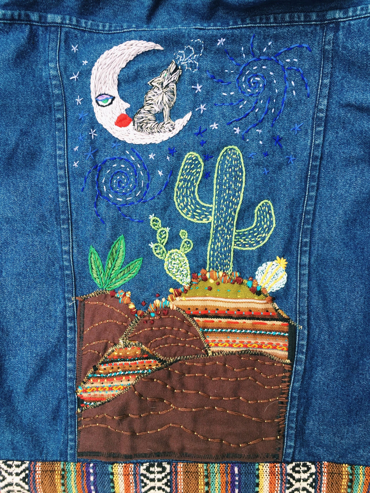 WOLF MOON Hand-Embroidered Vintage Denim Jacket