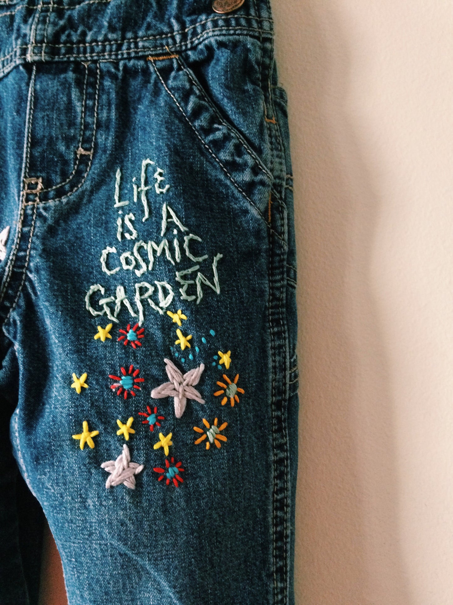 Cosmic Garden Baby Size Embroidered Denim Overalls. One of a kind. Free Shipping