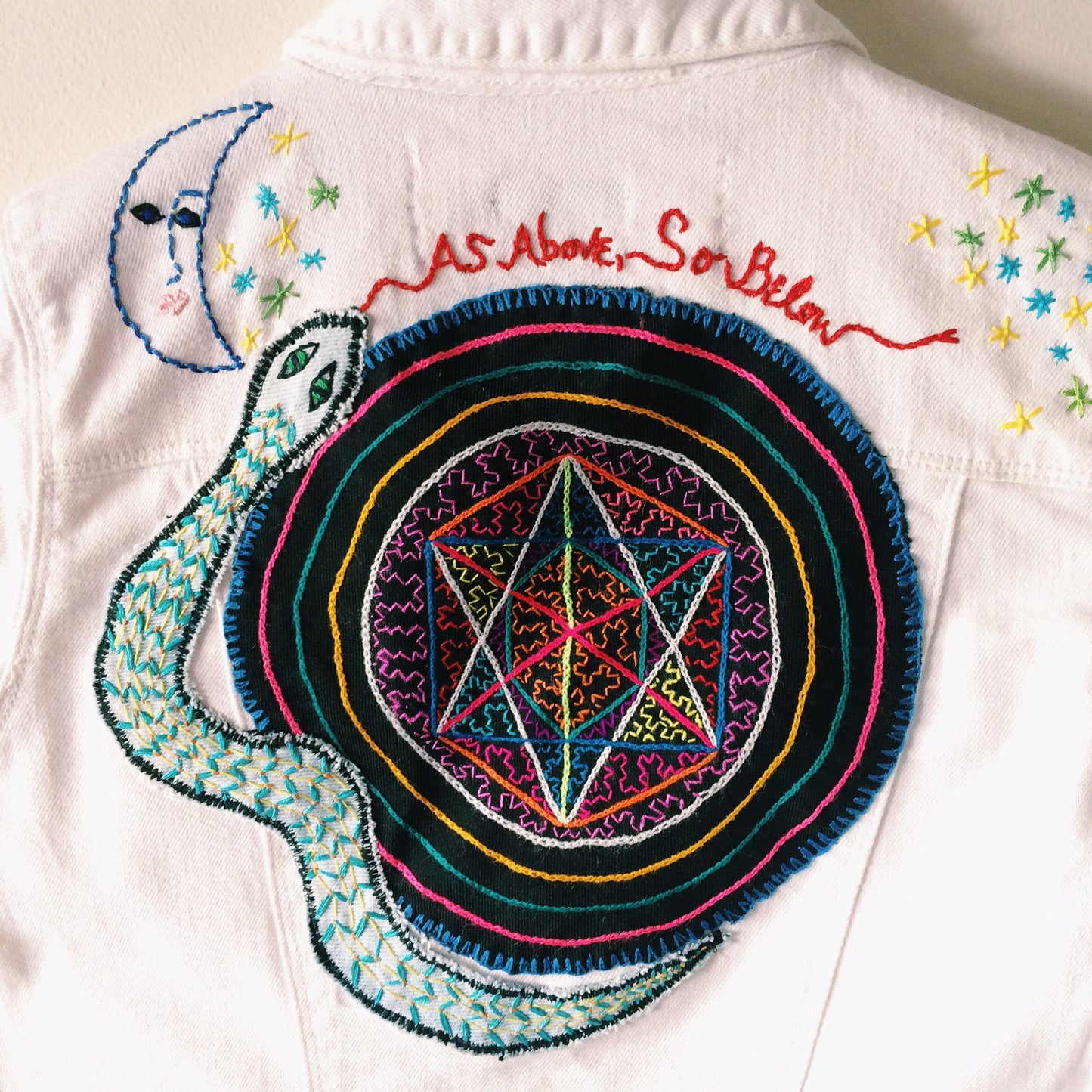 As Above, So Below Embroidered White Denim Jacket