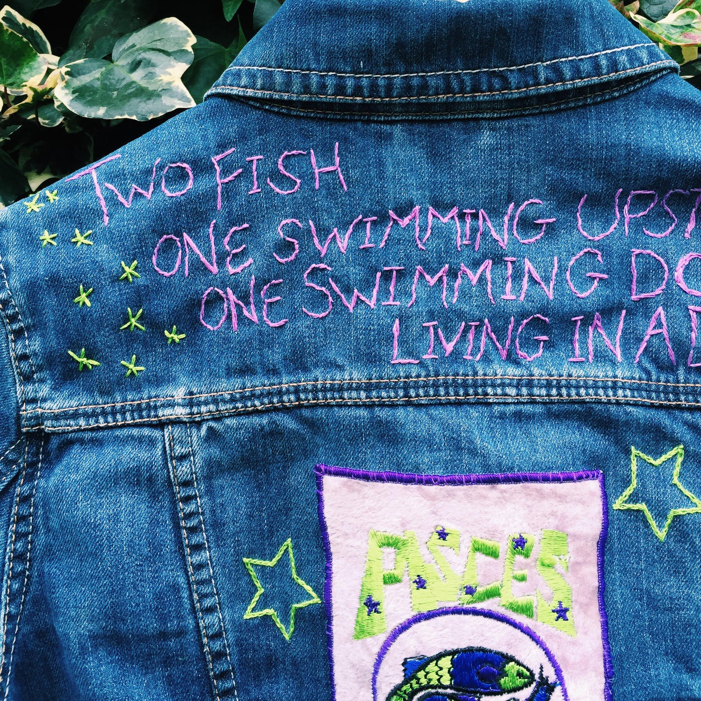 PISCES Zodiac Hand-Embroidered Vintage Denim Jacket