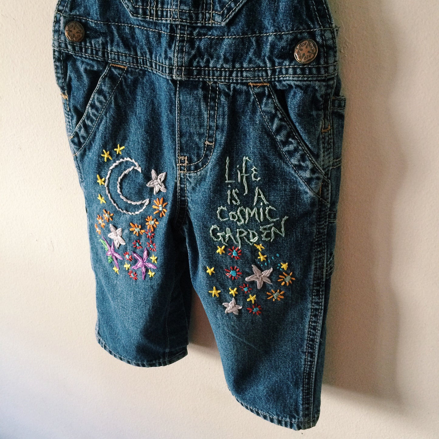 Cosmic Garden Baby Size Embroidered Denim Overalls. One of a kind. Free Shipping