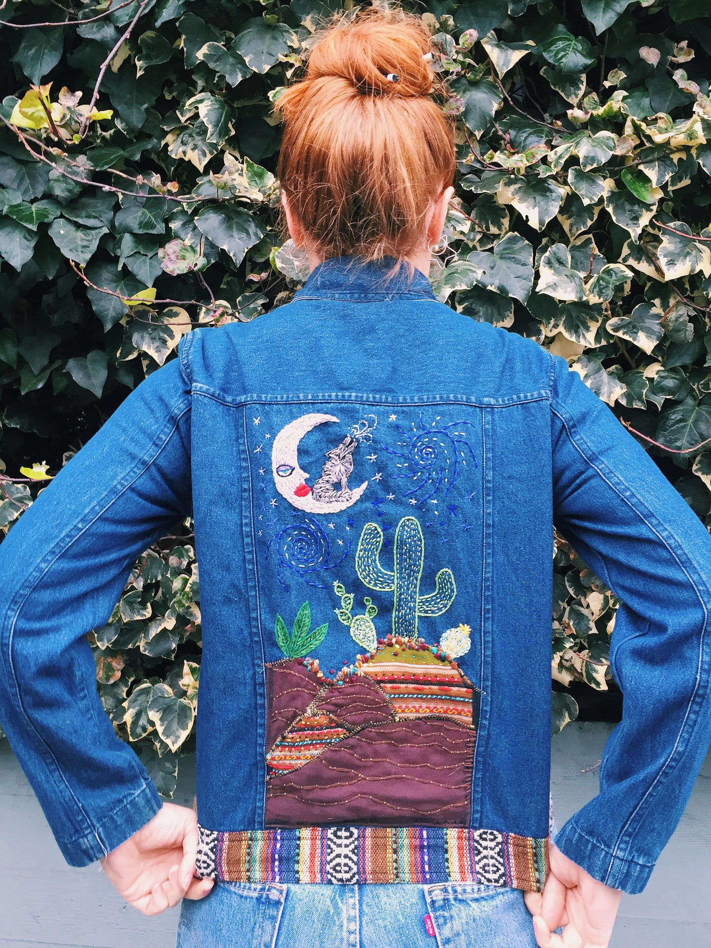 WOLF MOON Hand-Embroidered Vintage Denim Jacket