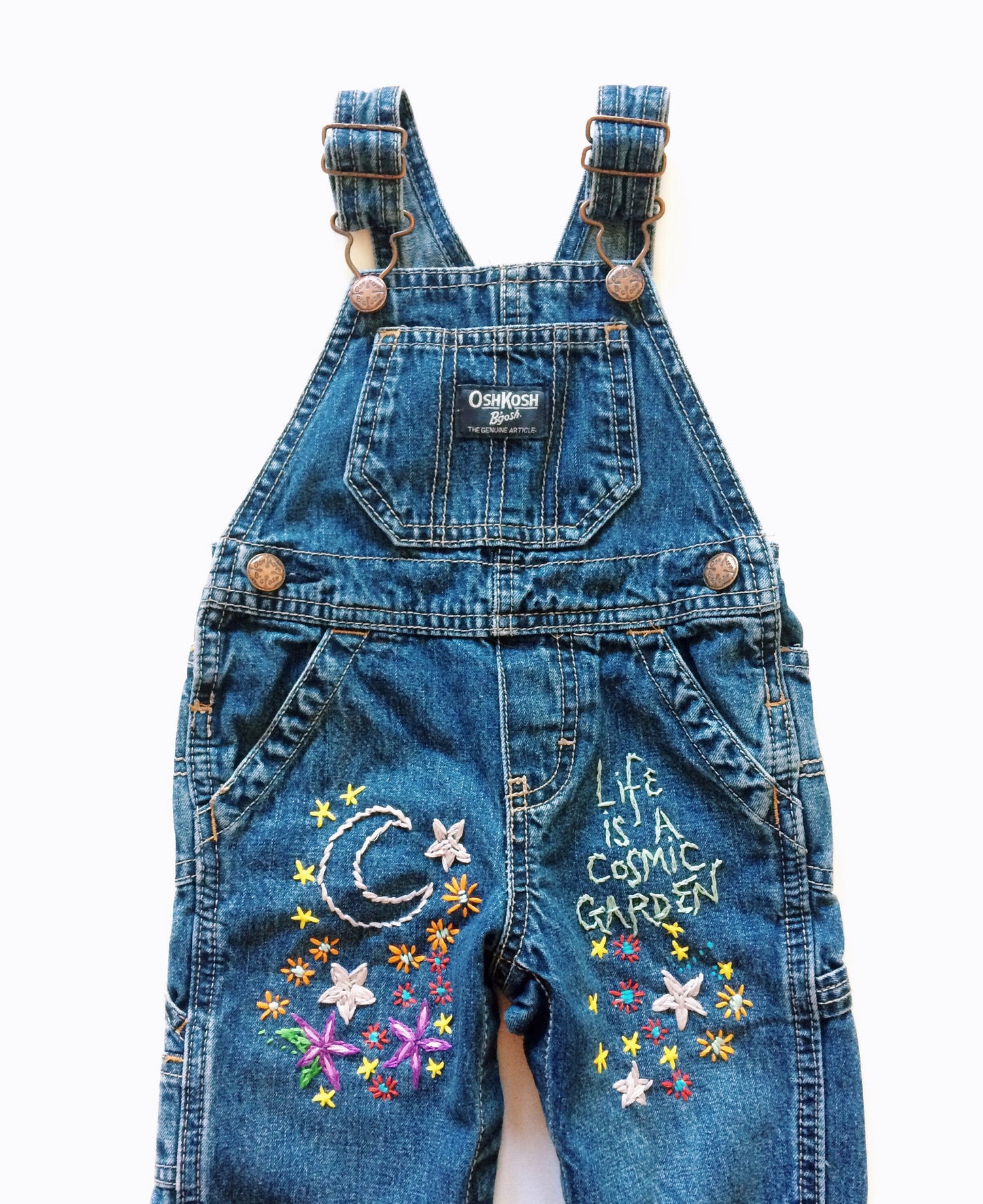 Cosmic Garden Baby Size Embroidered Denim Overalls. One of a kind. Free Shipping