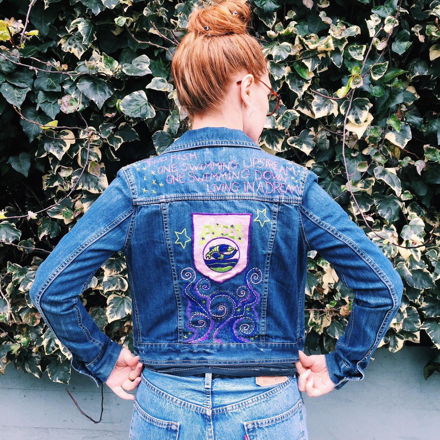 PISCES Zodiac Hand-Embroidered Vintage Denim Jacket