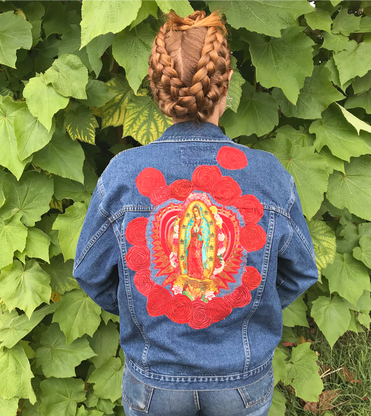 Mother Mary in The Rose Garden. Denim Art Jacket