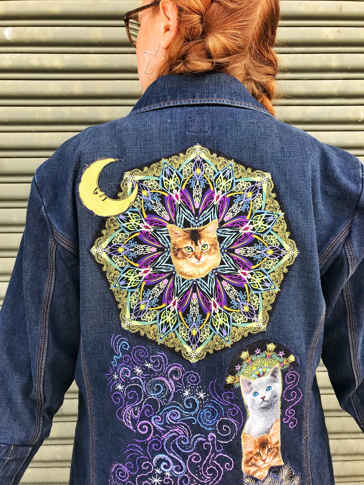 Custom Cosmic Cat Storybook Denim Coat. Made to Order