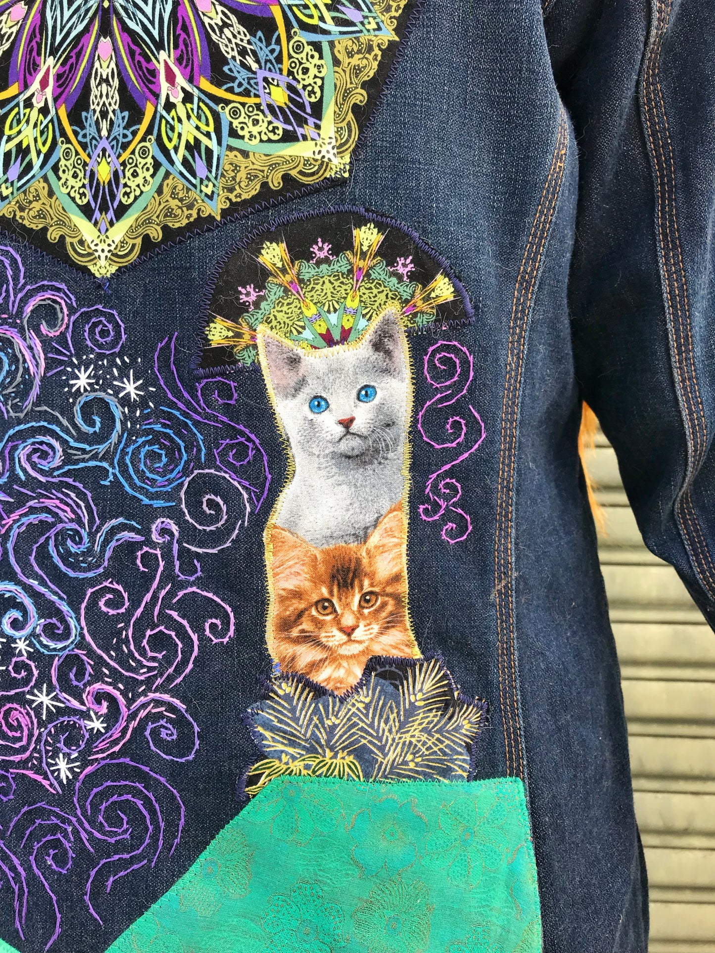 Custom Cosmic Cat Storybook Denim Coat. Made to Order