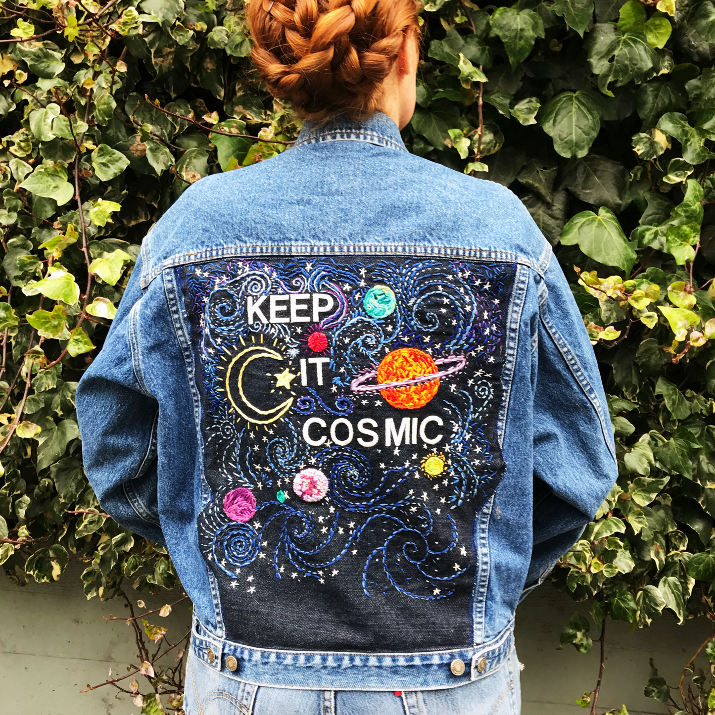 KEEP IT COSMIC Hand-Embroidered Denim Jacket