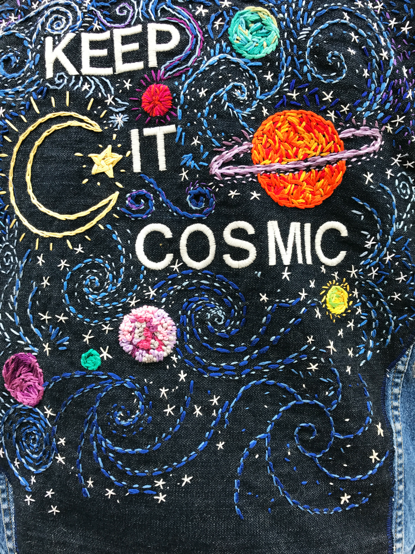 KEEP IT COSMIC Hand-Embroidered Denim Jacket