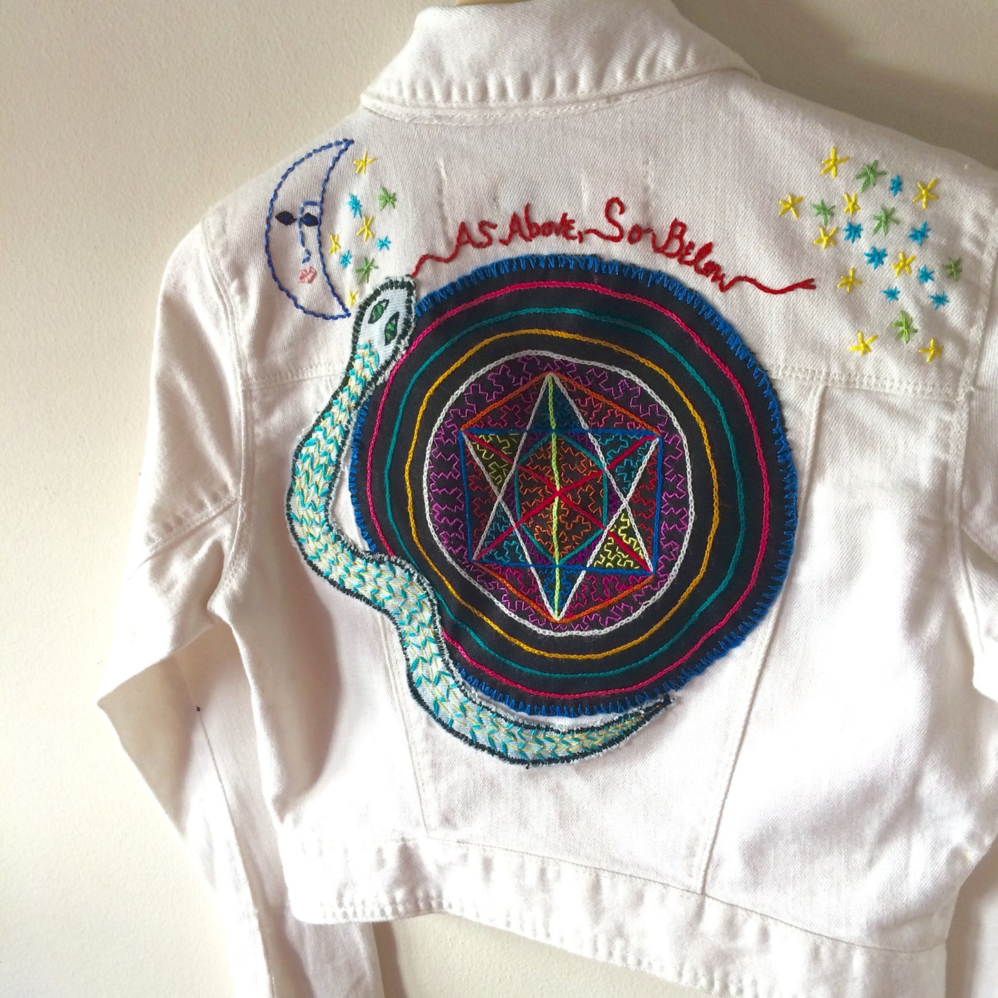 As Above, So Below Embroidered White Denim Jacket