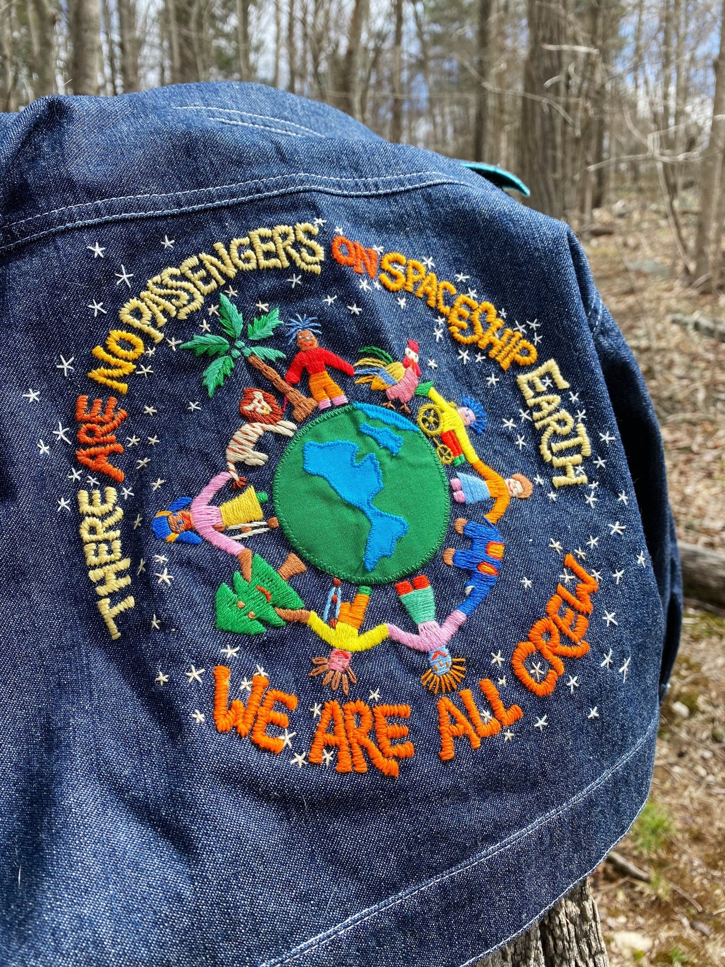 Spaceship Earth. Kids Jean Jacket. Hand Embroidered Marshall McLuhan