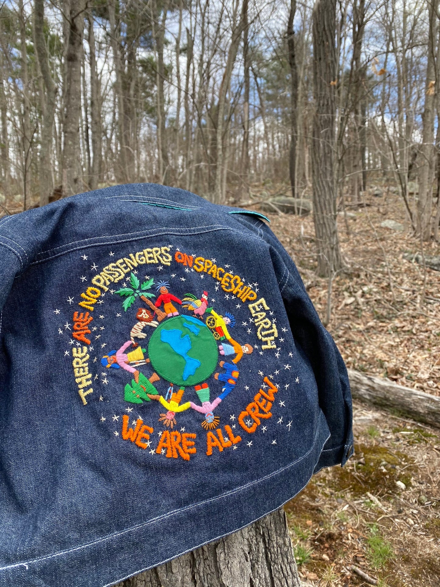 Spaceship Earth. Kids Jean Jacket. Hand Embroidered Marshall McLuhan