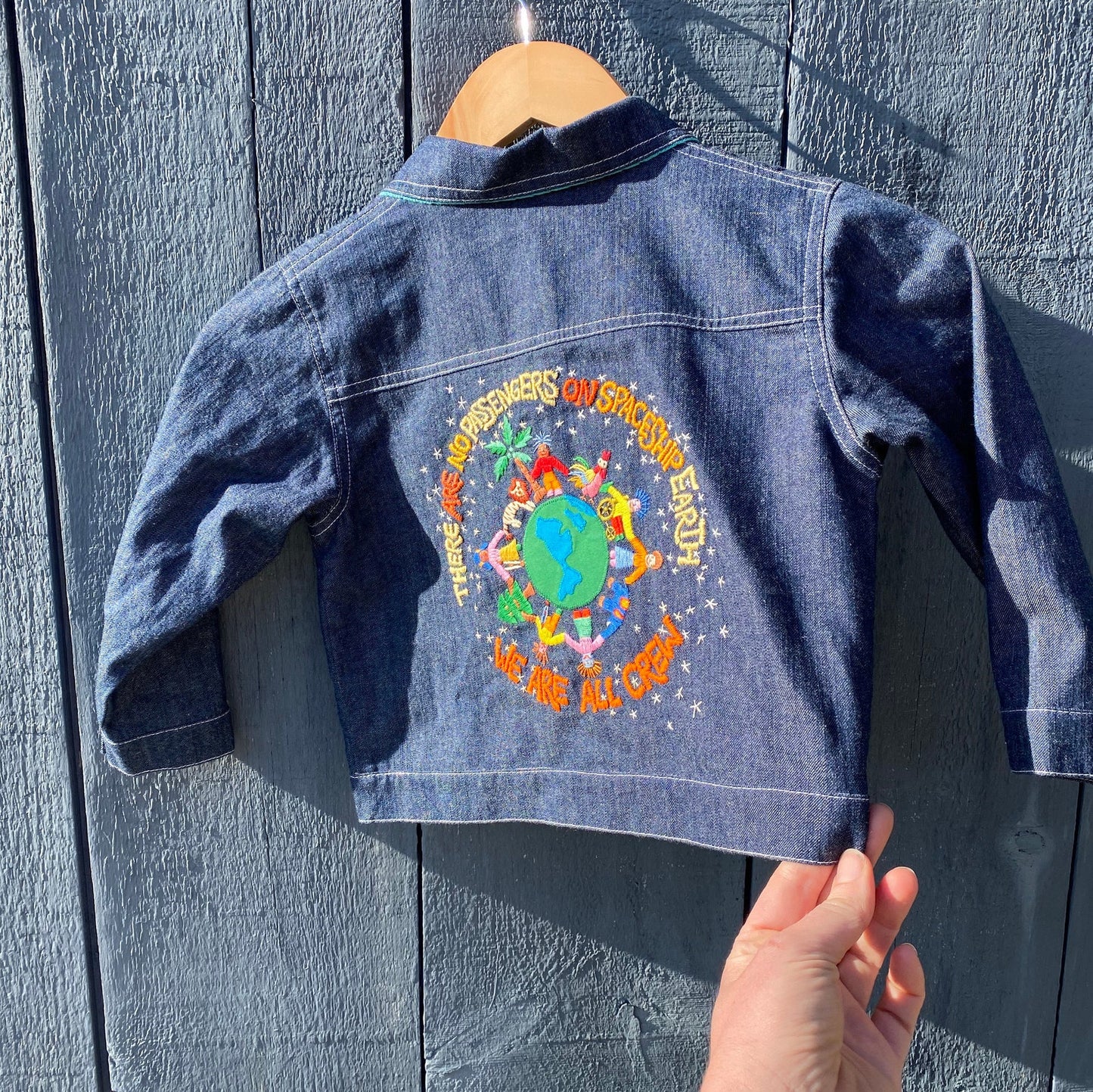 Spaceship Earth. Kids Jean Jacket. Hand Embroidered Marshall McLuhan