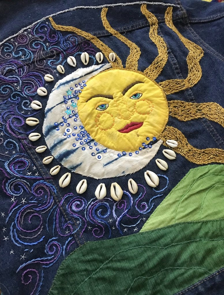 Celestial Hand-Embroidered Mixed-Media Art Jacket. Upcycled Denim. One of a Kind. Keep it Cosmic. Sun & Moon