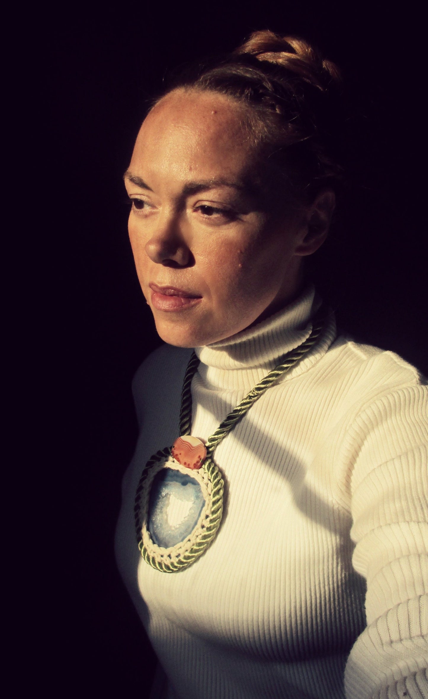 Rope & Crystal Statement Necklace. Blue Agate Stone. Geode Jewelry.