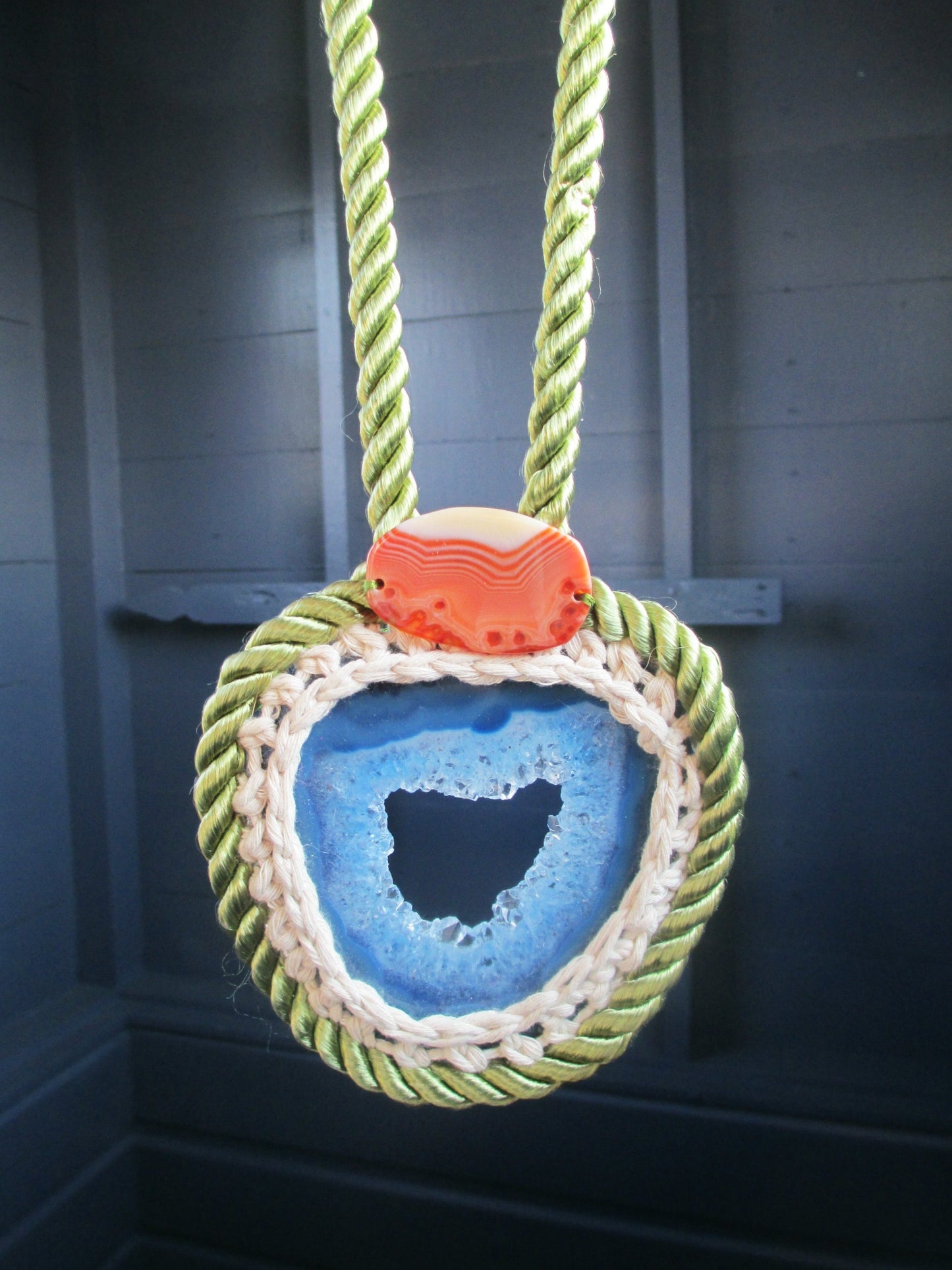 Rope & Crystal Statement Necklace. Blue Agate Stone. Geode Jewelry.