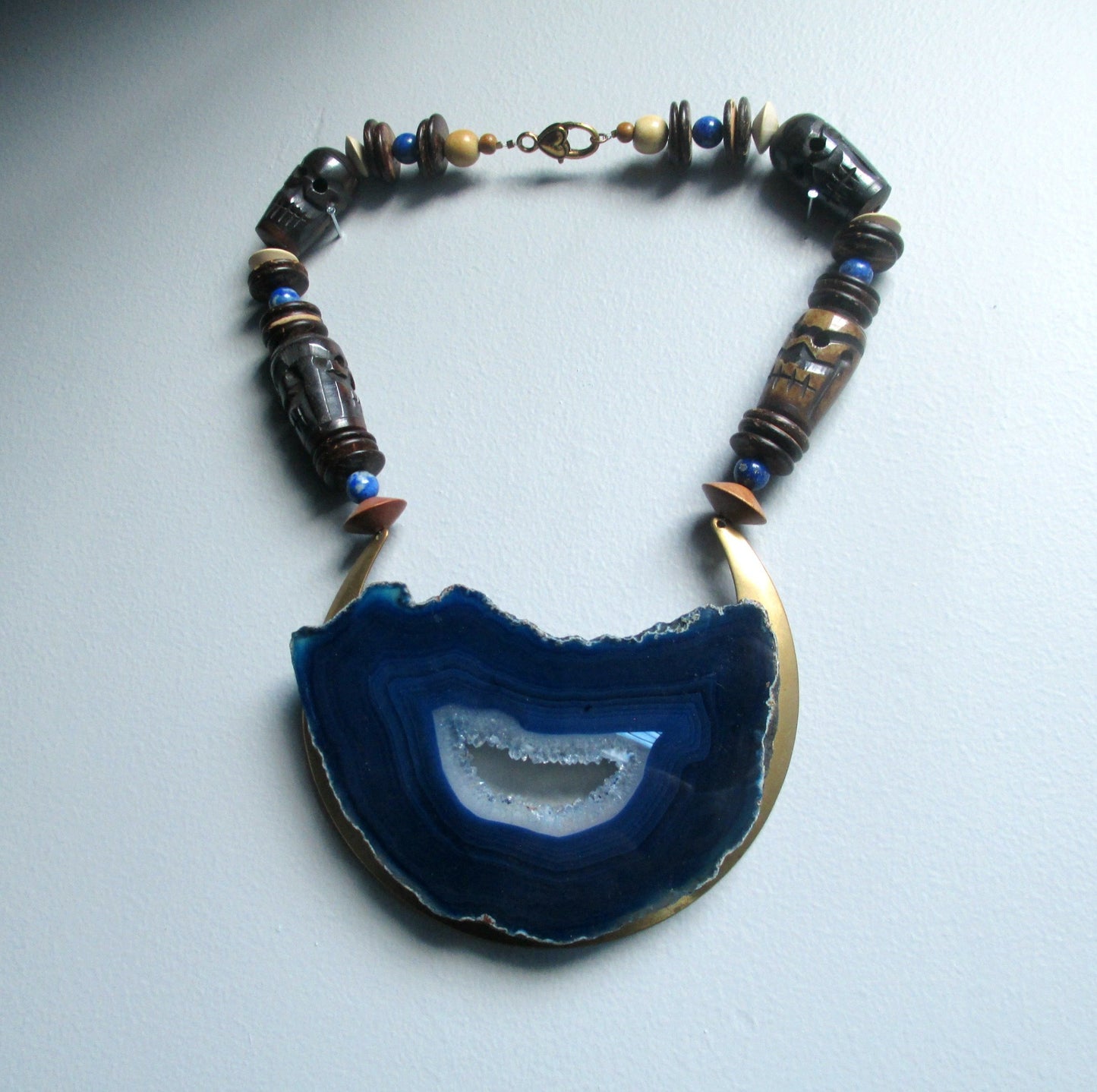 The Other Side. Cobalt Blue Geode Crystal Statement Necklace. Vintage Bone & Lapis Lazuli Portal.