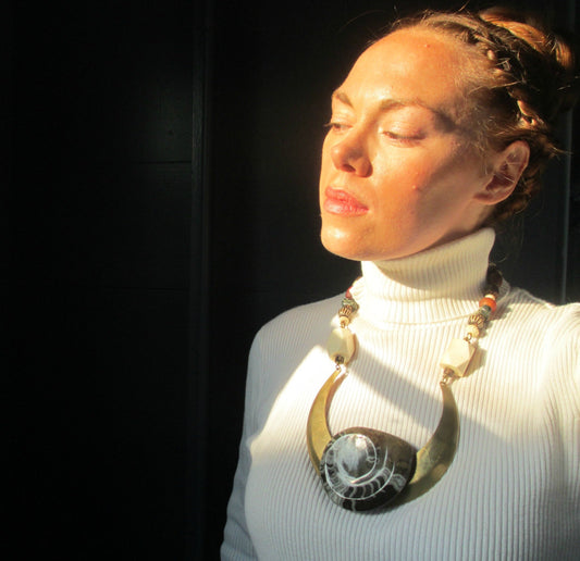 Goniatite Fossil Statement Necklace. Ancient Alien Tribal Bohemian Jewelry