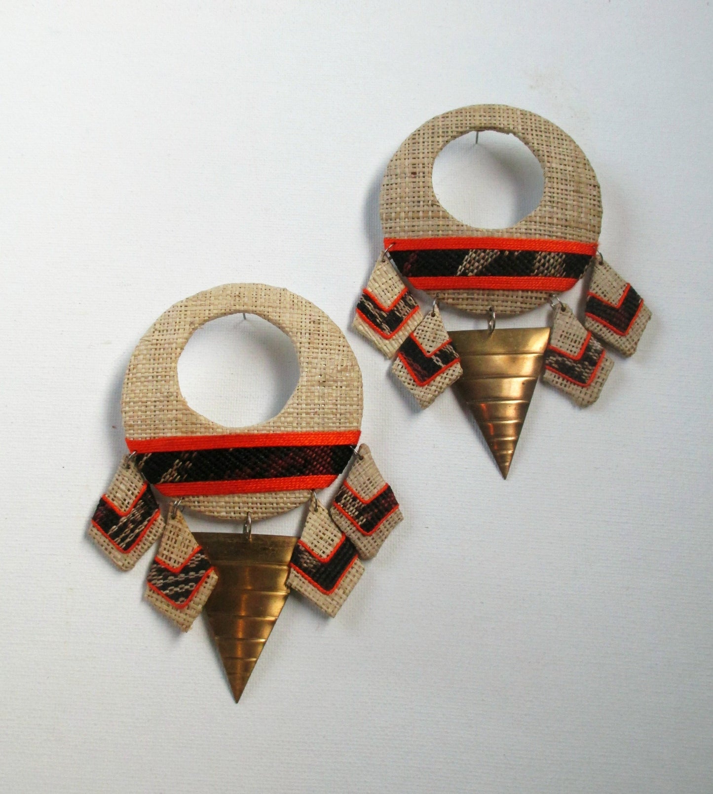 Giant Woven Statement Earrings. Orange and Brass.