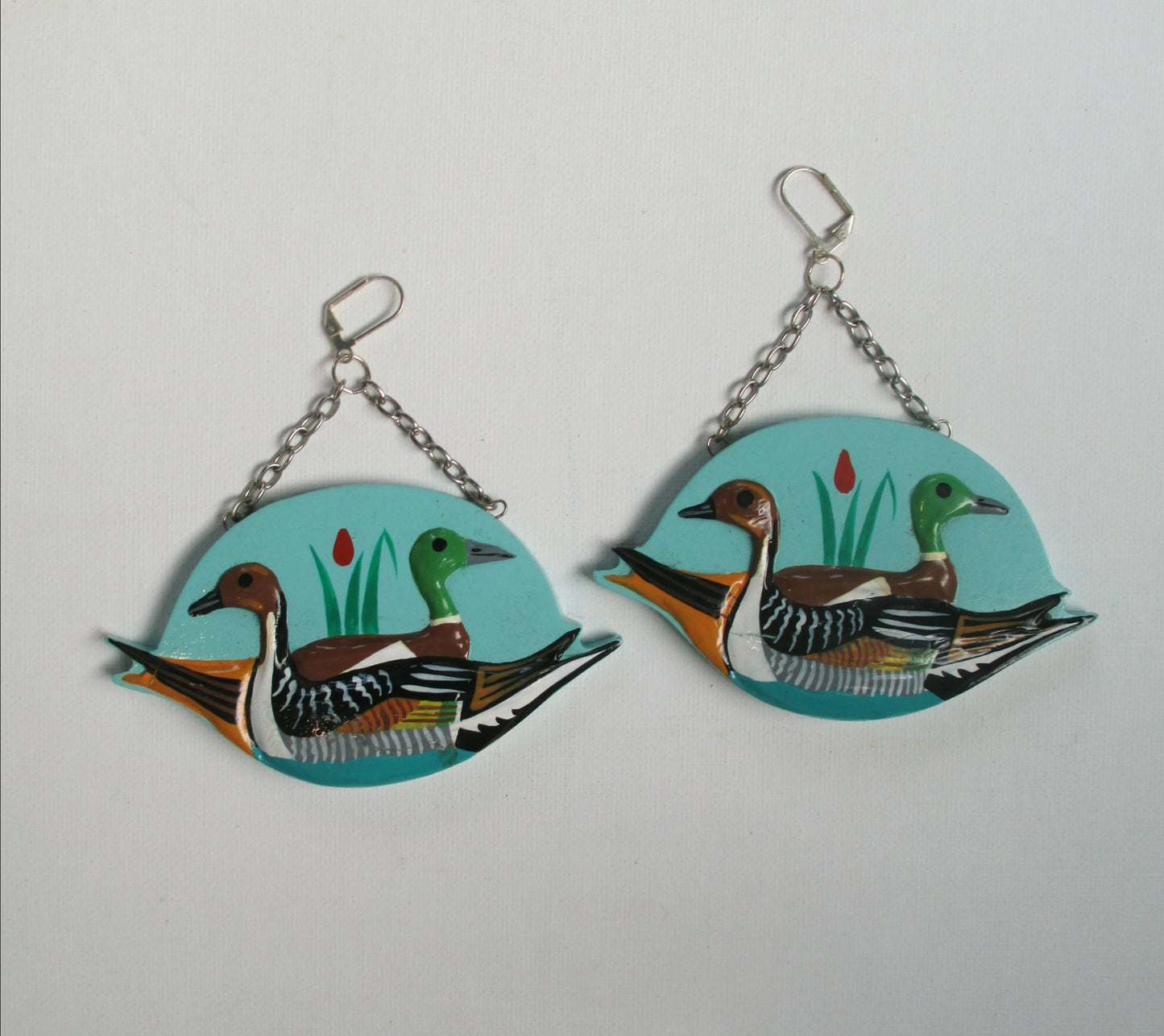 Duck Lovers. Vintage Wood Wearable Art. Statement Earrings