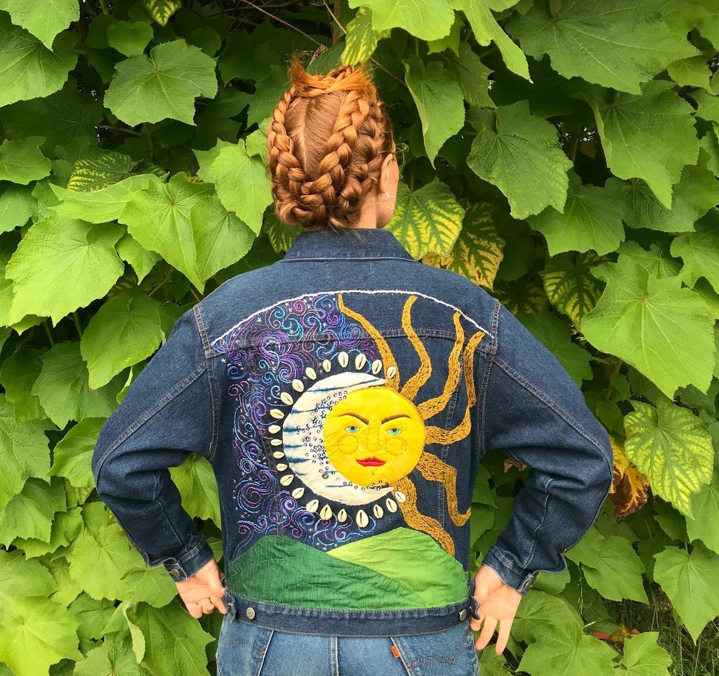 Celestial Hand-Embroidered Mixed-Media Art Jacket. Upcycled Denim. One of a Kind. Keep it Cosmic. Sun & Moon