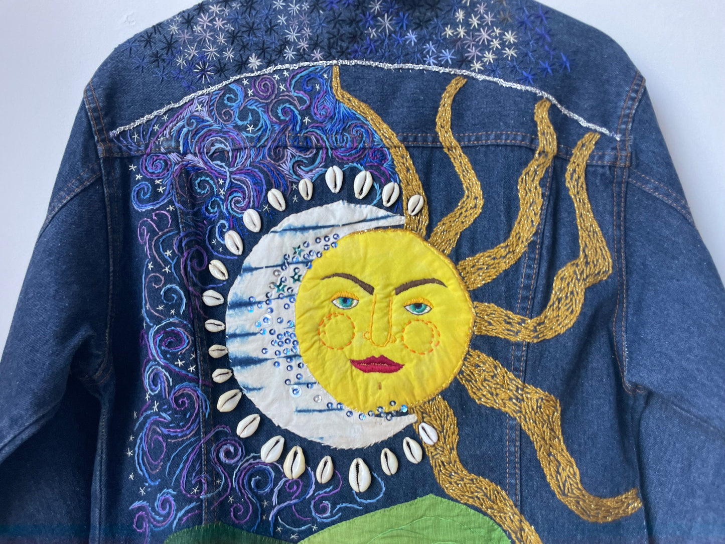 Celestial Hand-Embroidered Mixed-Media Art Jacket. Upcycled Denim. One of a Kind. Keep it Cosmic. Sun & Moon