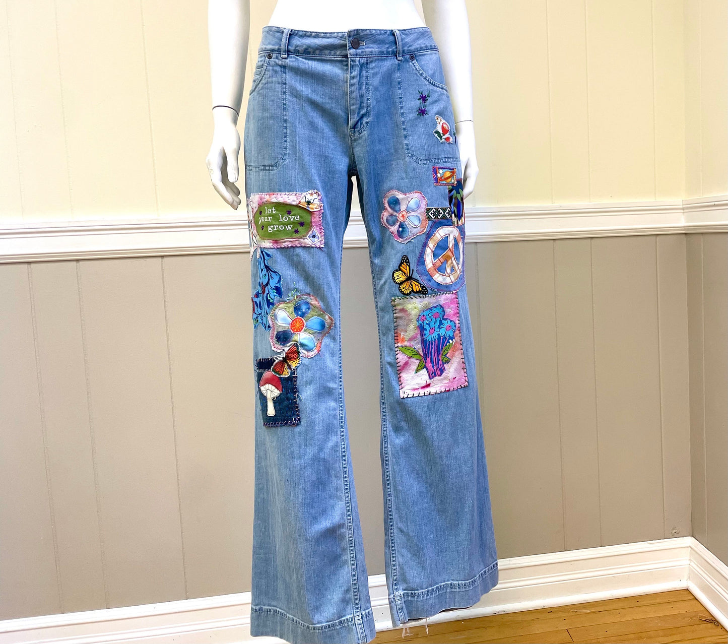 Hippie Patched Jeans - Wide Leg Womens Size 6 - Boho Style Denim Hand-Patched Upcycled Embroidered Appilique - One of a Kind. Size 6. J.Jill