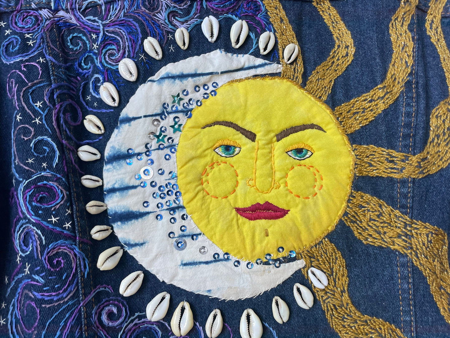 Celestial Hand-Embroidered Mixed-Media Art Jacket. Upcycled Denim. One of a Kind. Keep it Cosmic. Sun & Moon