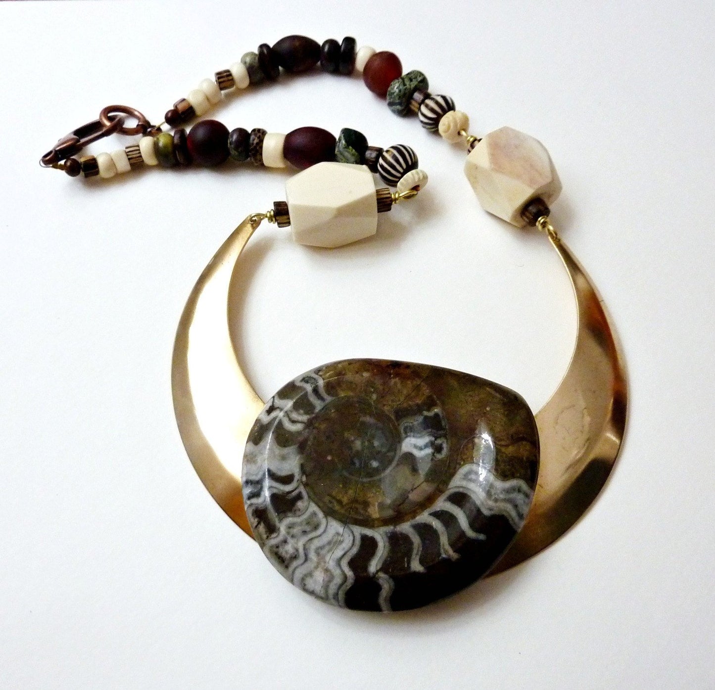 Goniatite Fossil Statement Necklace. Ancient Alien Tribal Bohemian Jewelry