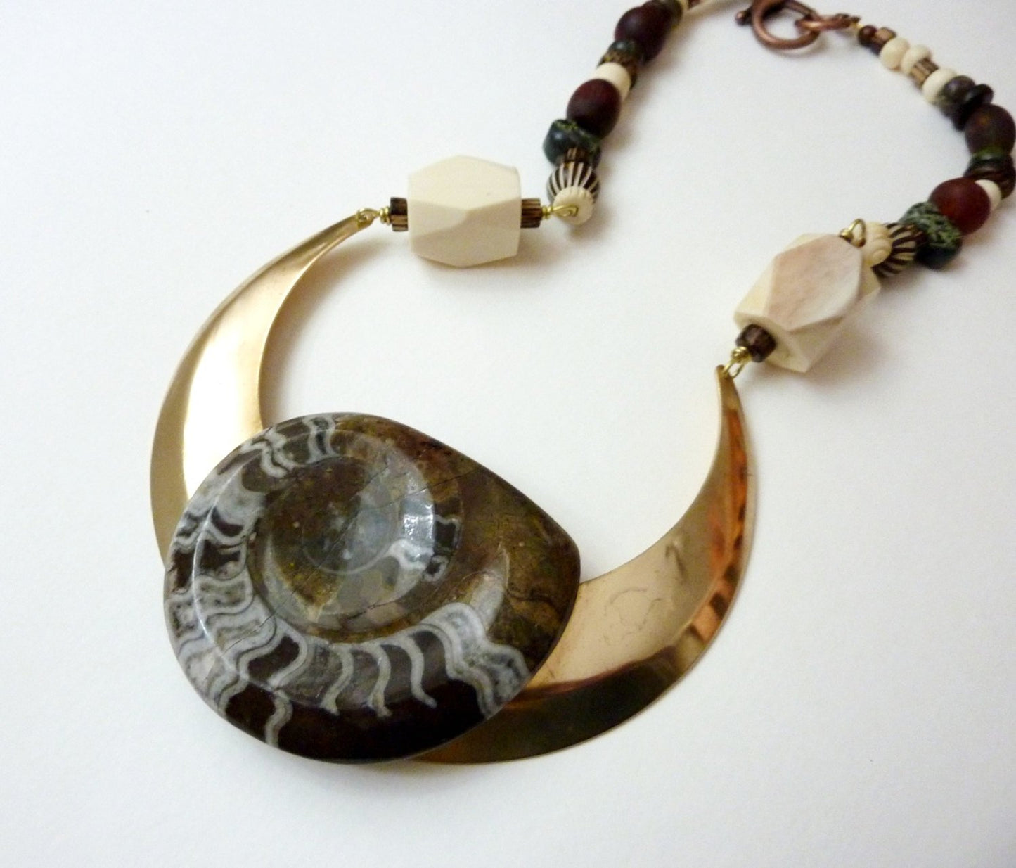 Goniatite Fossil Statement Necklace. Ancient Alien Tribal Bohemian Jewelry