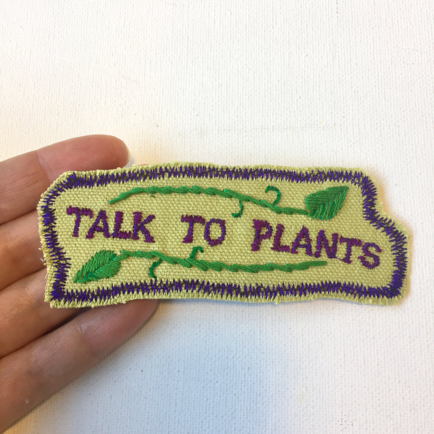 Talk 2 Plants. Handmade Embroidered Canvas Patch.