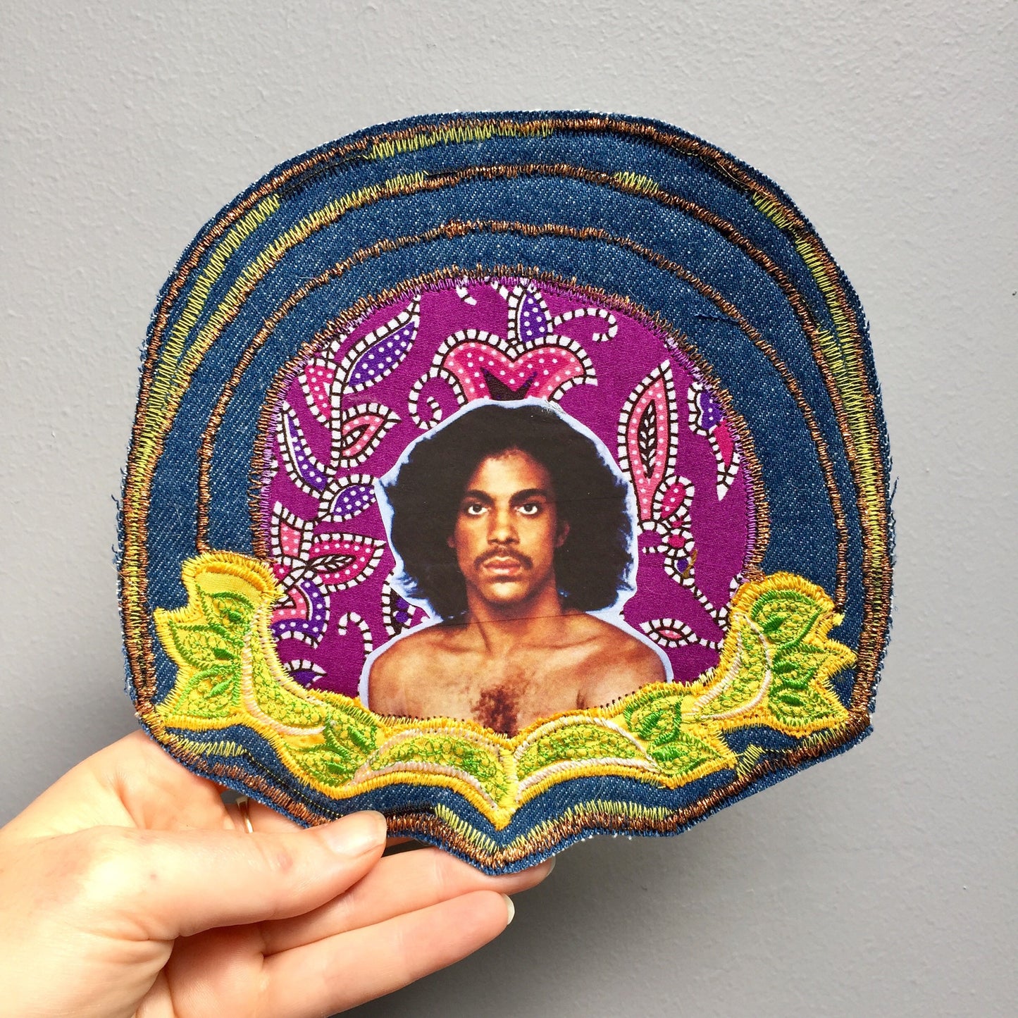 Prince. Handmade Jean Jacket Patch. Vintage Denim and Embroidery