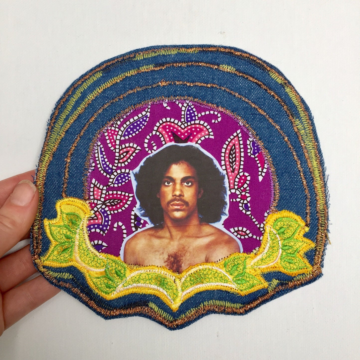 Prince. Handmade Jean Jacket Patch. Vintage Denim and Embroidery