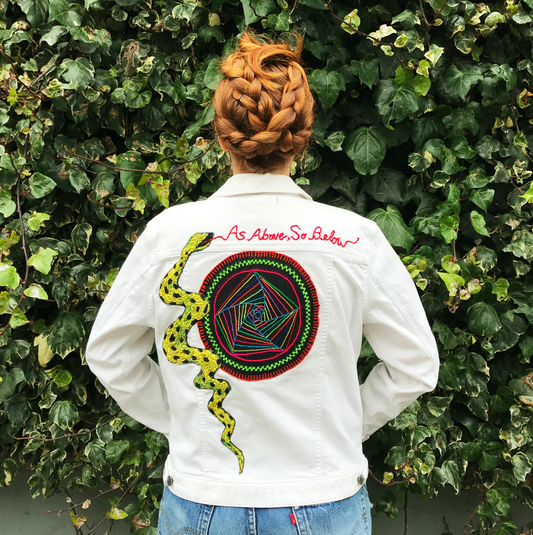 As Above, So Below Embroidered White Denim Jacket. Number 2