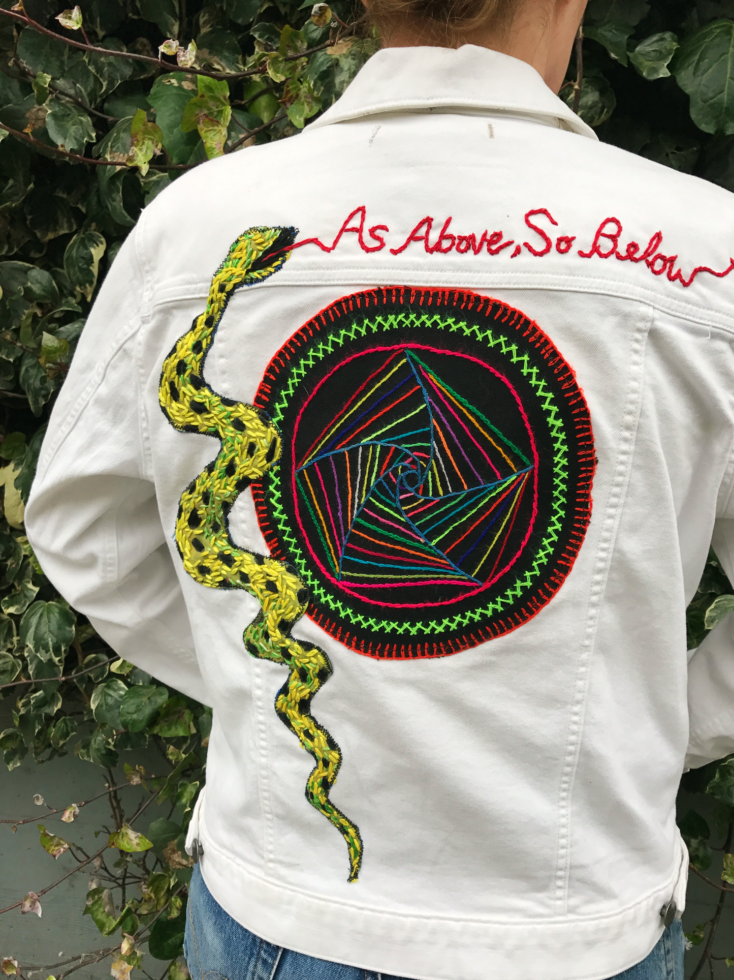 As Above, So Below Embroidered White Denim Jacket. Number 2