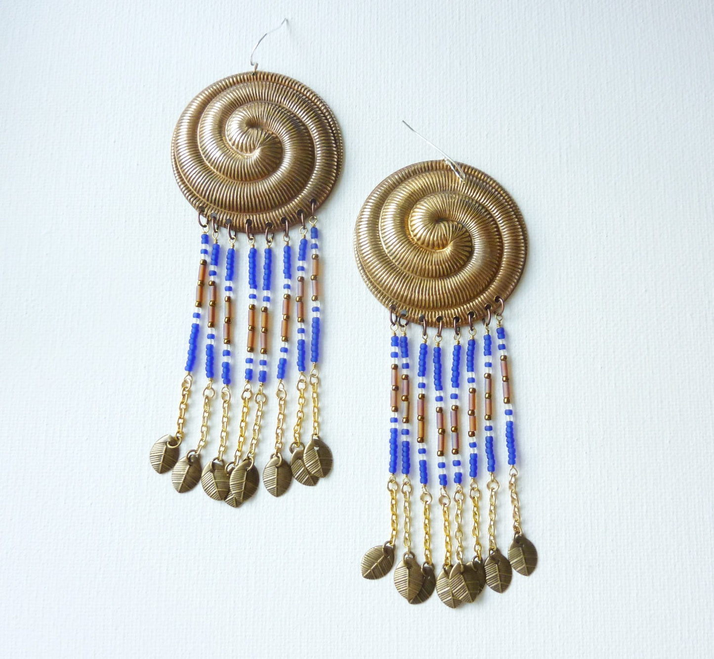 Spiral Dance Beaded Brass Earrings