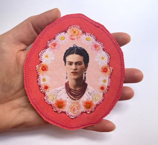 Handmade Frida Kahlo Patch - Canvas Upcycled Patch with Flowers - Jacket, Sweatshirt or Backpack Accessory - Sew On Patch