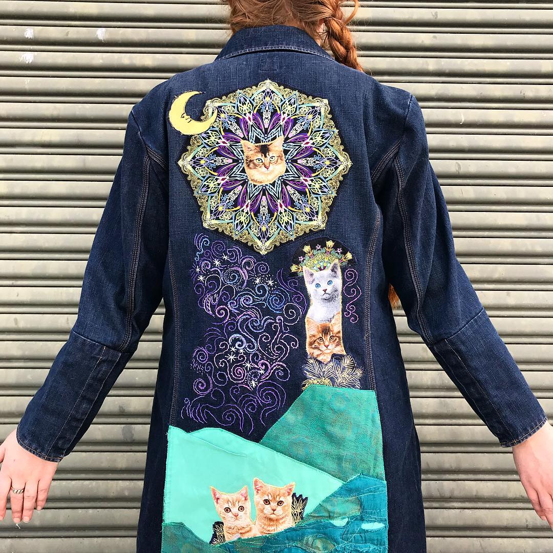 Custom Cosmic Cat Storybook Denim Coat. Made to Order