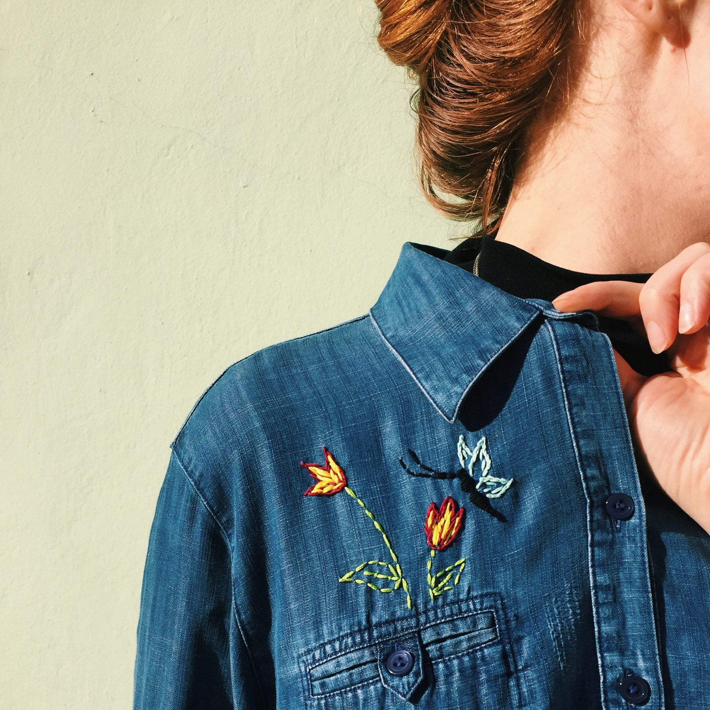 LET YOUR LOVE GROW Hand-Embroidered Denim Shirt.