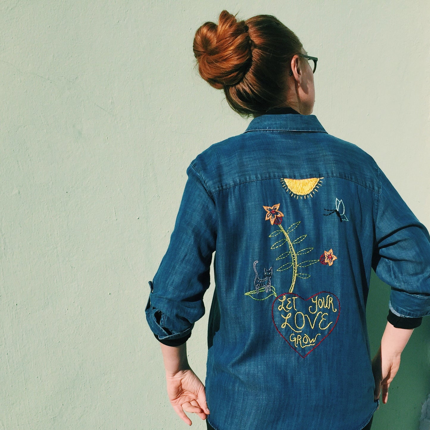 LET YOUR LOVE GROW Hand-Embroidered Denim Shirt.