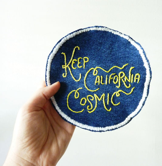 Keep California Cosmic Embroidered Patch on Vintage Denim
