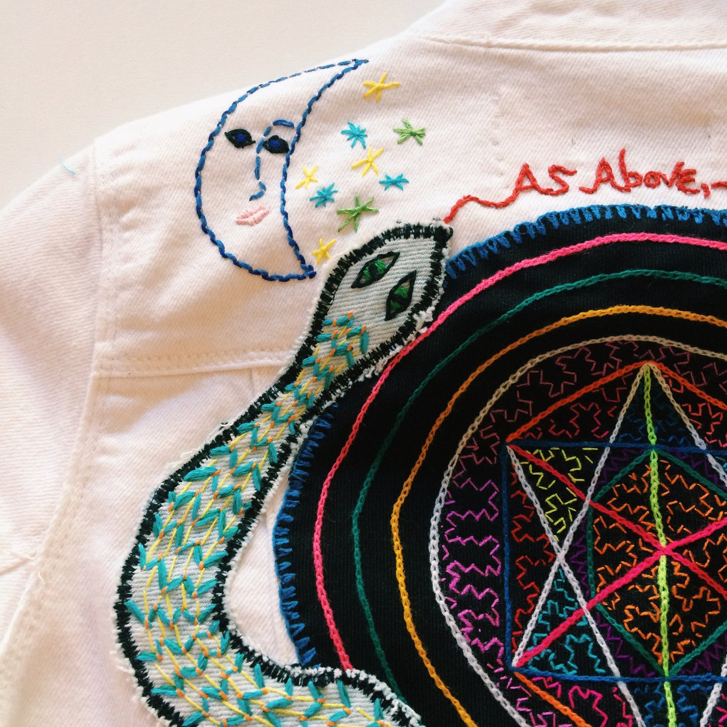 As Above, So Below Embroidered White Denim Jacket