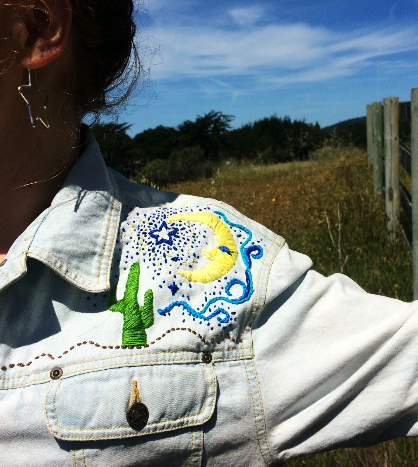 Desert Moon Snake Hand-Embroidered Vintage Denim Jacket