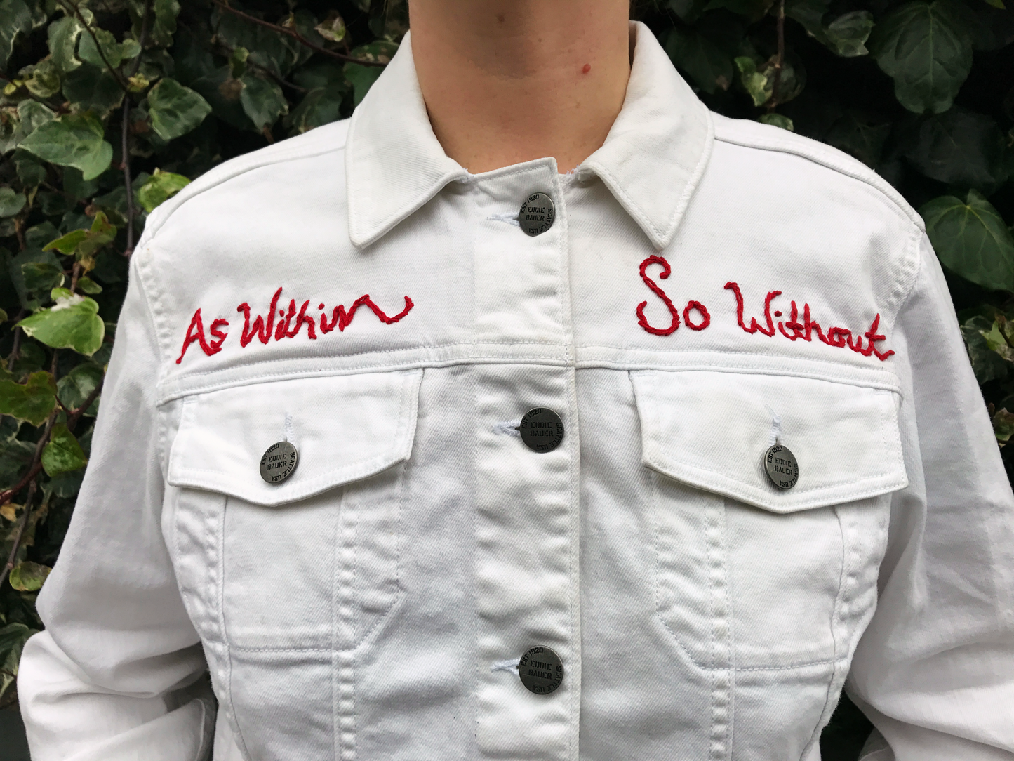 As Above, So Below Embroidered White Denim Jacket. Number 2