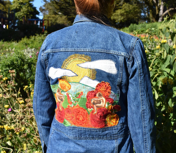Poppies, Sunshine and Girls! Appliqué and Hand Embroidered Upcycled Denim Art Jacket