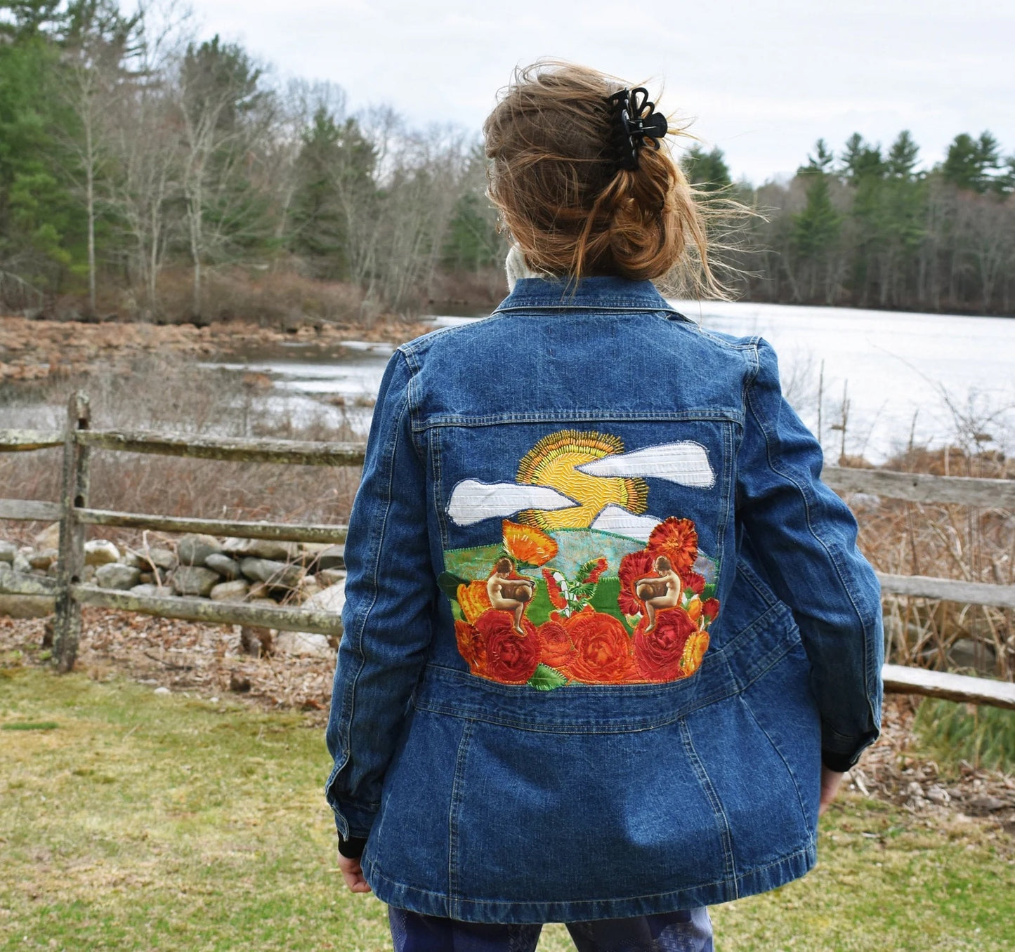 Poppies, Sunshine and Girls! Appliqué and Hand Embroidered Upcycled Denim Art Jacket