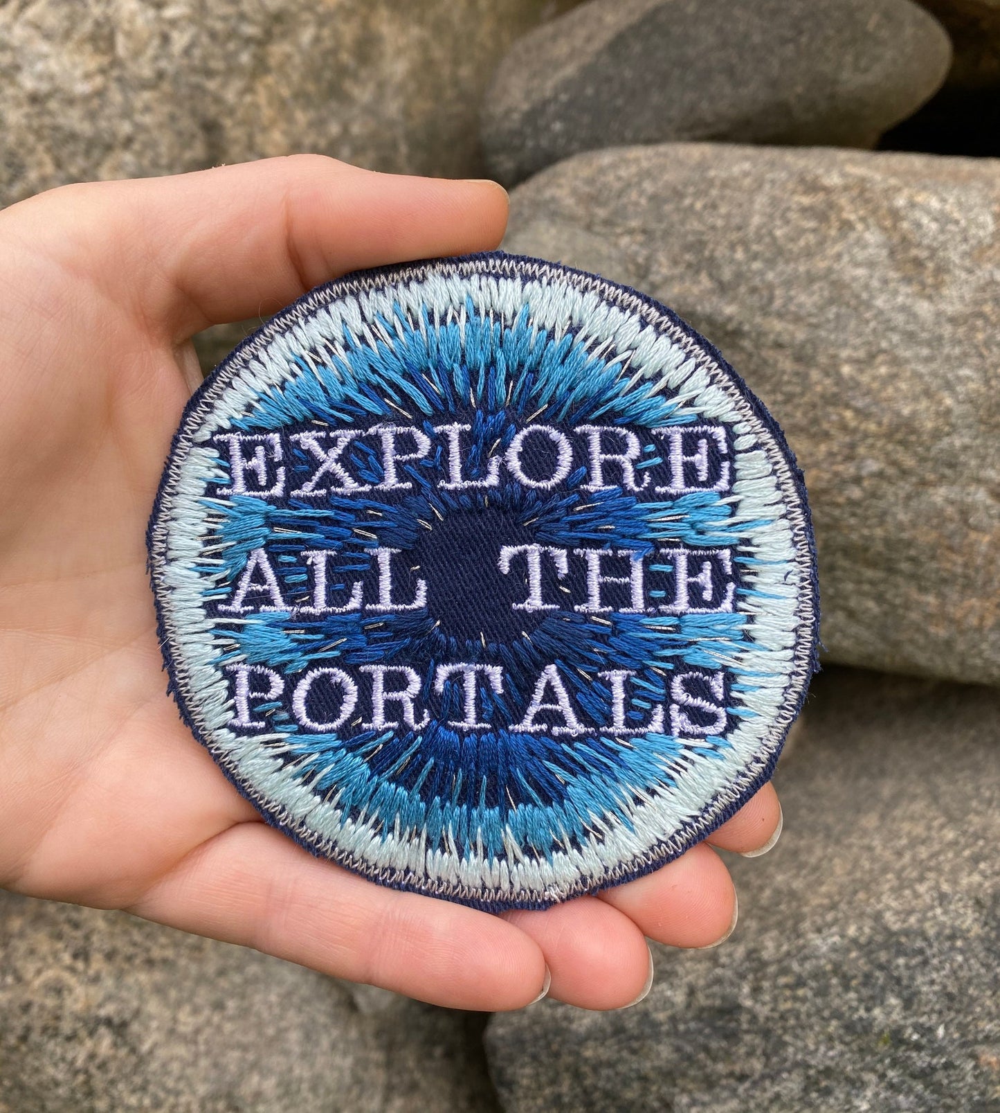 Explore All The Portals. Handmade Embroidered Canvas Patch