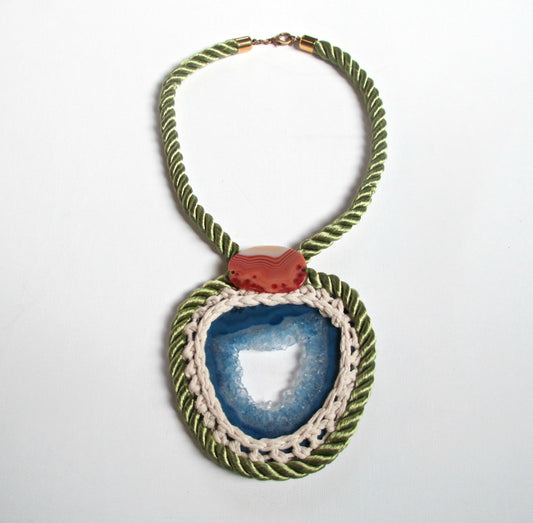 Rope & Crystal Statement Necklace. Blue Agate Stone. Geode Jewelry.